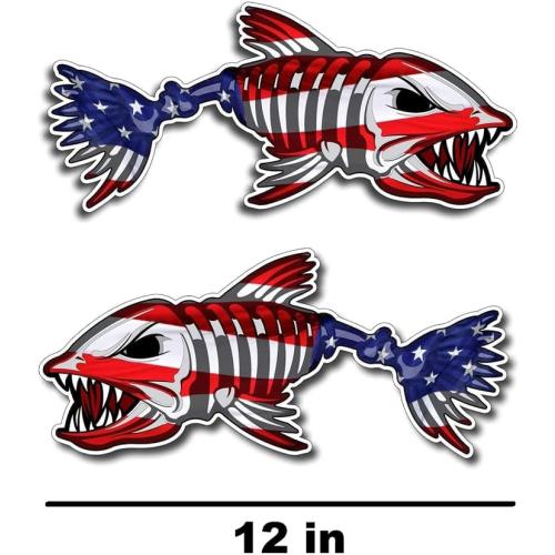 2 pcs US Flag Skeleton Fish Sticker by NTICKER - Waterproof Vinyl, Patriotic American Flag Fishbone Kayak, Fishing Boat Decal (12in, LR)