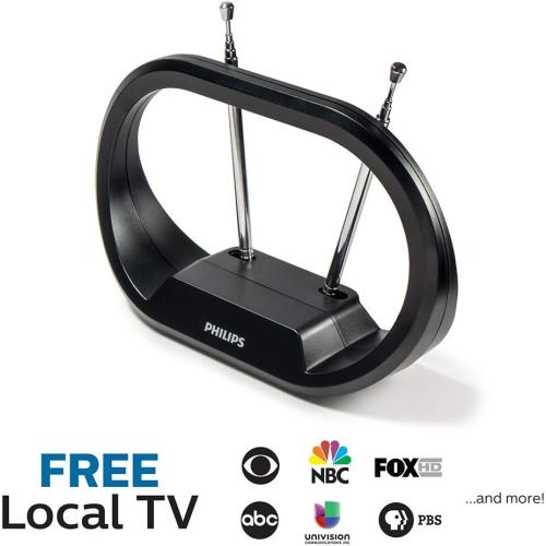 Philips Modern Loop Rabbit Ears Indoor TV Antenna, 15 inch Extendable Dipoles, 4K 1080P VHF UHF, Tabletop Antenna, Digital HDTV Antenna, Smart TV Compatible, 4ft Coaxial Cable, Black, SDV7114A/27