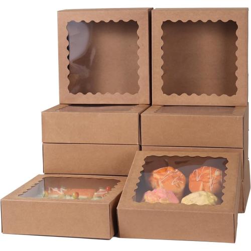 9 pcs 8x8x2.5 Inches Bakery Boxes with Window, Cake Pastry Cookie Mini Pie Box for Pastry,Dessert,Strawberries,Chocolates (Brown)