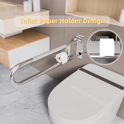 Toilet Grab Bar, Fold Down Grab Bar with Paper Holder, Knurled Anti-Slip Grab Bars for Toilet, Stainless Steel Handrails Toilet for Seniors Disabled Elderly Pregnant, Brushed Nickel, 30 Inch