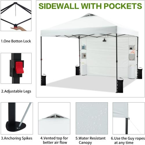 10'x10' Pop Up Canopy Tent with 1 Sidewall and 6 Pockets, One Push Setup, Instant Shade Tent with Vented Roof for Beach Patio Outdoor, Case, 8 Stakes, 4 Ropes, 4 Sandbags (White)