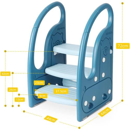 Toddler Step Stool Chair Onasti Kids 3 Step Standing Tower for Toddlers Plastic Learning Helper Stool for Kitchen Counter Bathroom Sink Toilet Potty Training with Handles and Non-Slip Pads-Blue