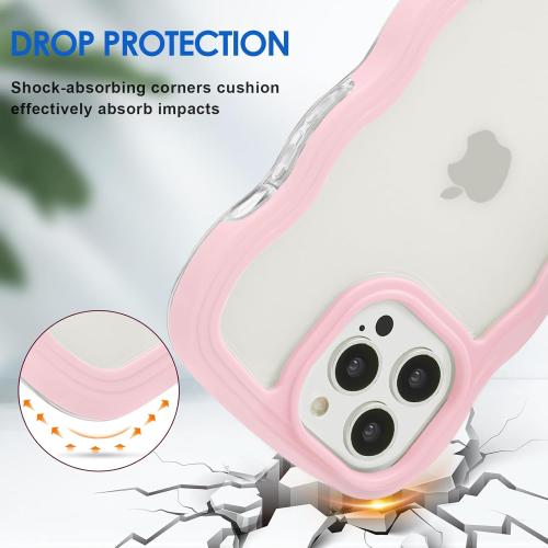Pink Anuck for iPhone 15 Pro Case Wavy Edge Clear Back Design, Anti-Slip Grip Cute Wave Curly Frame Shape Shockproof Soft TPU & Hard Bumper Protective Phone Case Cover for Women Girls, Pink