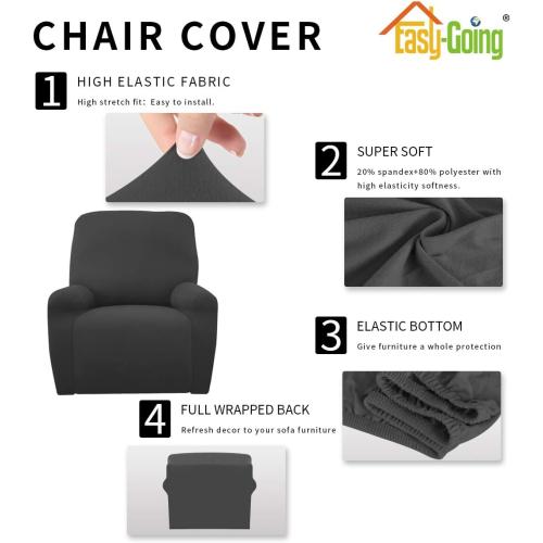 Easy-Going 4 Pieces Microfiber Stretch Recliner Slipcover – Spandex Soft Fitted Sofa Couch Cover, Washable Furniture Protector with Elastic Bottom for Kids, Pet(Recliner, Dark Gray)