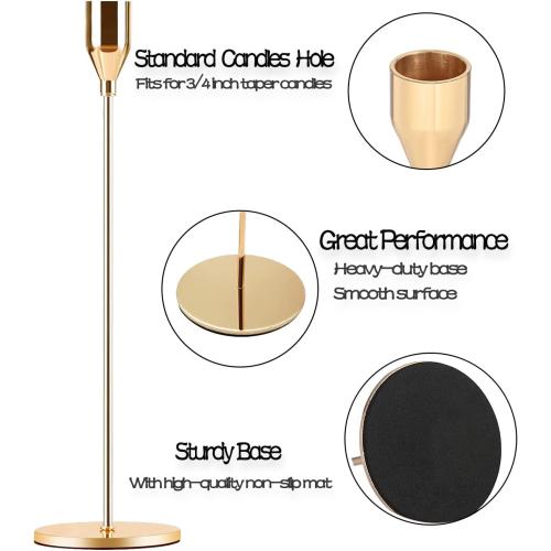 Gold Taper Candle Holder Set of 6, Brass Gold Tall Candlestick Holders, Metal Vintage Candle Stickers Long Holder Set, Pillar Decorative Candle Holder Fits 3/4 Inch Candle