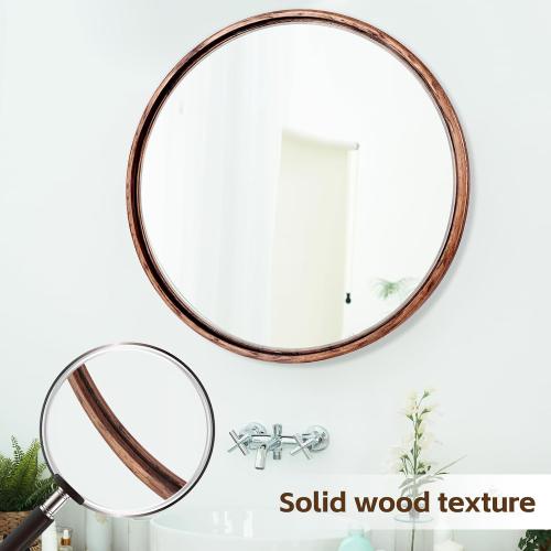 Round Solid Oak Wood Mirror, 24x24 Inch Medium Size, Walnut Frame, Modern Decorative Wall Makeup Mirror for Bathroom, Bedroom, Living Room(Walnut, 24 x 24)
