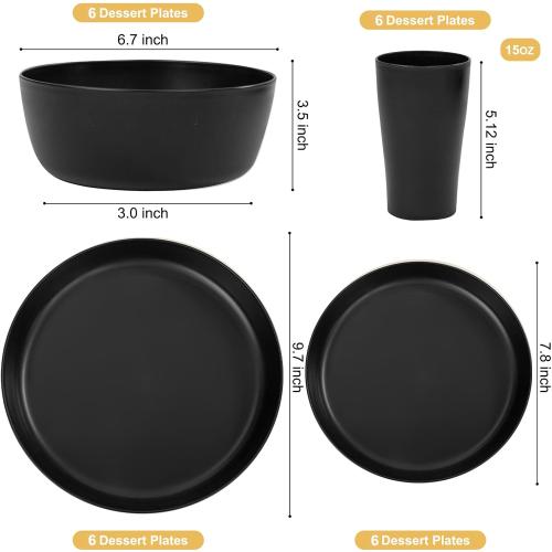 EjonirInjonir 24pcs Non-Toxic Black Wheat Straw Dinnerware Sets for 6 Home
