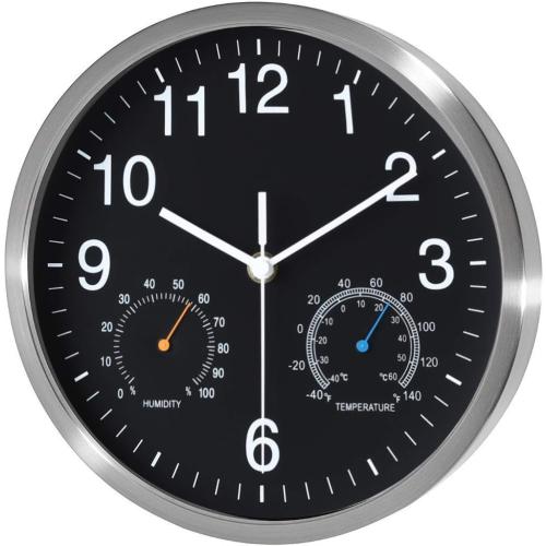 Non Ticking Silent Wall Clock, 10 Inch, Black, Quartz Analog, Battery Operated, with Thermometer and Hygrometer, Easy Installation