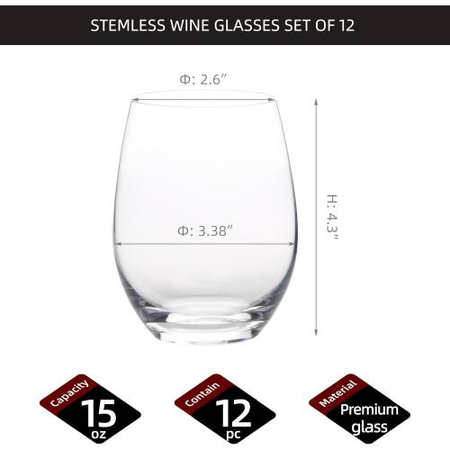 Stemless Wine Glasses Set of 12, 15 Ounce Smooth Rim Standard Wine Glass Tumbler for Red, White Wine, Dishwasher Safe