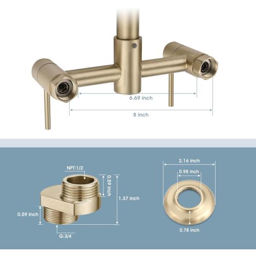 Wall Mount Kitchen Faucet, 8 Inch Center Commercial Sink Faucet with Pull Down Sprayer, 2 Handle Wall Mount Faucet for Kitchen Sink, Brushed Golden