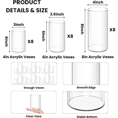 24 Pack Acrylic Cylinder Vases 4,6,8 Inch Tall Clear Acrylic Flower Vase Bulk Floating Candle Holders Cylinder Plastic Vases for Centerpiece Table Wedding Home