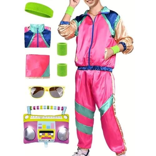 Mens Womens Retro 80s Pink And Blue Tracksuit With Accessory Unisex Top Bottom Costume Party