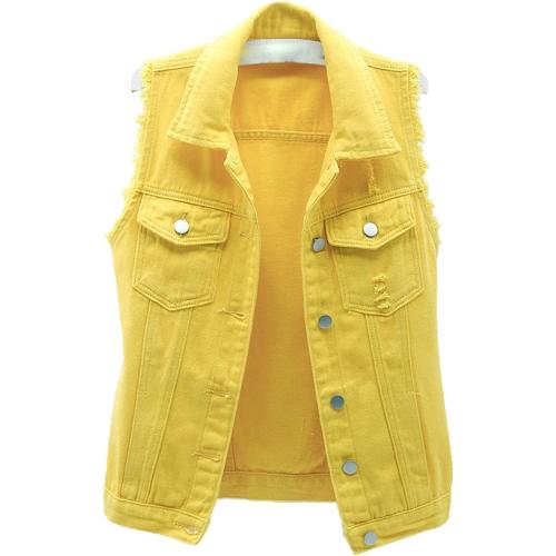 Size 3XL CURRENT Women's Casual Denim Waistcoat Slim Fit Frayed Sleeveless Jacket Ripped Tops with Pockets