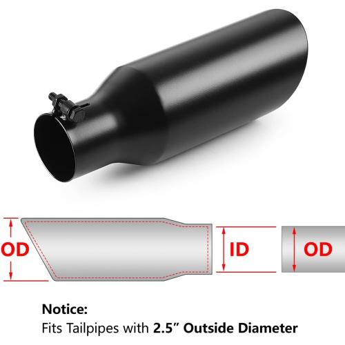 A-KARCK Exhaust Tip 2.5 Inch Inlet, 2.5 Inlet 4 Outlet 12 Long Black Coated Finish Muffler Tip For Truck Tailpipe, Stainless Steel Rolled Edge