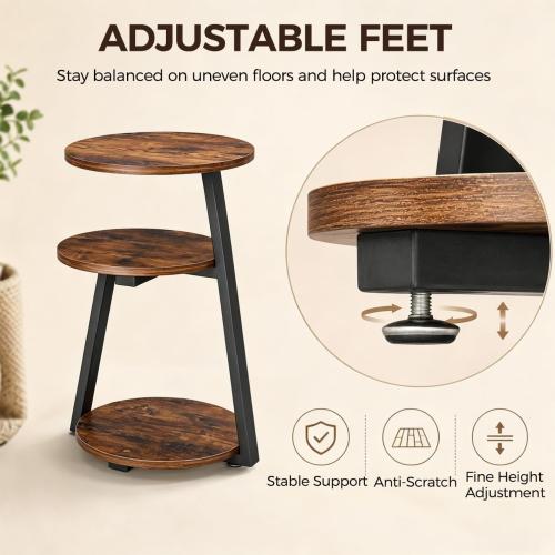 BEWISHOME Small Round Side Table, 3-Tier End Table with Storage Shelves | Small End Table, Nightstand with Metal Frame, Vintage Accent Table for Small Spaces with Storage Shelf, Living Room, Bedroom