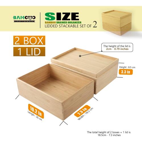 Stackable Bamboo Drawer Organizer Set – 2 Boxes with 1 Lid | Wood-Laminated Trays for Kitchen Utensils, Silverware & Flatware – Storage Fits Cabinets, Pantry, Bathroom & Office | 10.2x7.3 (2-Pack)