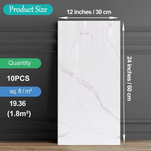 10-Pack Peel and Stick White Marble Wall Panels (11.8 x 23.6) – 19.4 Sq. Ft. Waterproof PVC Tiles for Kitchen, Bathroom, Living Room & Accent Walls – Heat-Resistant Self-Adhesive Backsplash Tiles
