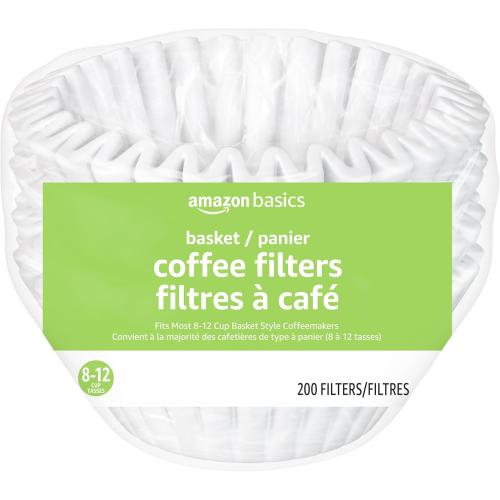 Amazon Basics Basket Coffee Filters for 8-12 Cup Coffee Makers, White, 200 Count