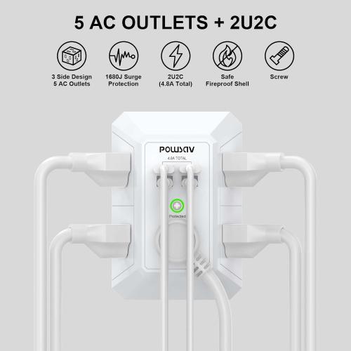 5-Outlet Power Strip with 4 USB Ports - Surge Protector for Home, Office, School - ETL Listed