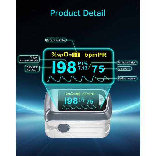 HealthTree JKS50B Fingertip Pulse Oximeter Blood Oxygen Saturation Monitor Pulse Ox, Heart Rate and Fast Spo2 Reading Oxygen Meter with OLED Screen Included Lanyard and 2 X AAA Batteries