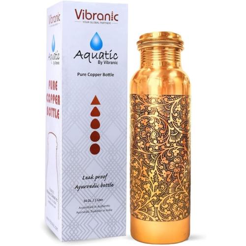 34oz Aquatic DARK EMBOSSED Ayurvedic Copper Water Bottle 34oz - Pure Copper Bottle for Sports, Fitness, Yoga - Natural Health Benefits - Made in India
