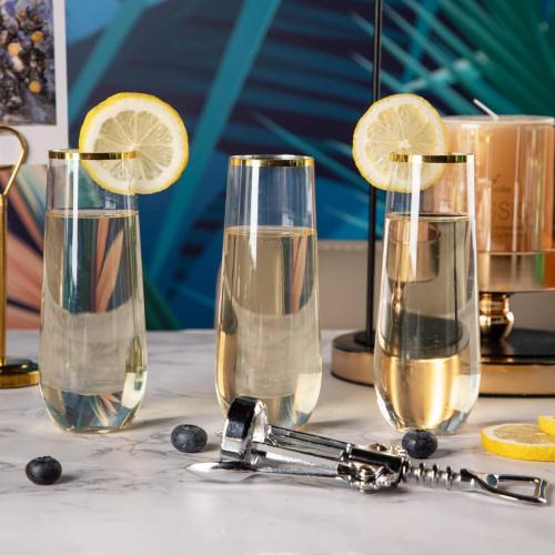 SUT 24 Pieces Stemless Plastic Champagne Flutes, 9oz Gold Rim Plastic Champagne Glasses, Clear Toasting Glasses, Unbreakable, Shatterproof Cocktail Cups for party/wedding