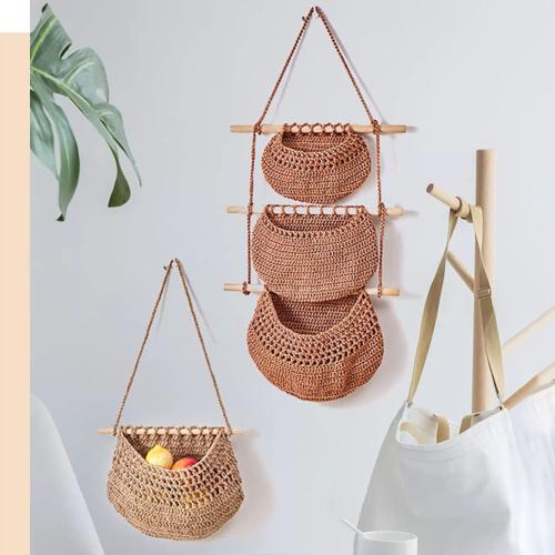Hanging Fruit Basket, 1 Tier/3 Tier Boho Handmade Woven Wall Hanging Fruit Basket Vegetable Storage Baskets for Kitchen Home Wall Decor