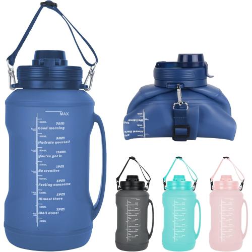 Collapsible Water Bottles, 2L/64OZ travel water bottle Bottle with Straw, Half Gallon Large Water Bottle for Travel Outdoor Sports Runing Fitness Yoga (Upgraded blue)