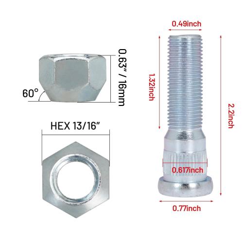6Sets 1/2-20 Inch Wheel Stud with Nuts for Trailer for Lippert Axles 2000 lb to 3500 lb for Dexter 4400 lb with 1/2-20 UNF Thread Size