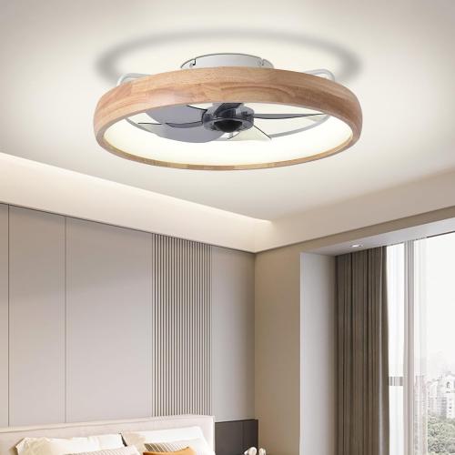 Wood 20” Ceiling Fan with Light, Dimmable LED Timing with Remote Control, 5 Invisible Reversible Blades Semi Flush Mount Low Profile Fan, Arc Wooden Frame