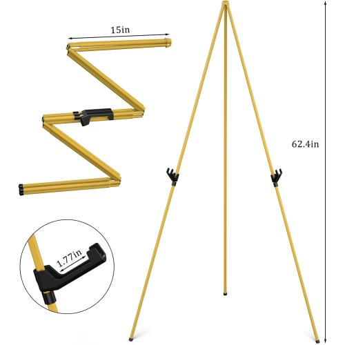 Display Artist Easel Stand - 63 Instant Tripod Collapsible Portable Floor Easel - Easy Folding Adjustable Art Poster Metal Stand for Display Show, Wedding, Painting - Gold
