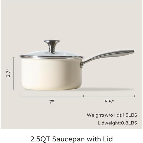 Redchef Ceramic Sauce Pan with Lid, 3.5QT Small Saucepan, Nonstick Cooking Pot with Stay-Cool Handle, Kitchen Non Toxic Soup Pot, PTFE & PFOA Free, Oven Dishwasher Safe, Compatible All Stovetops-Beige