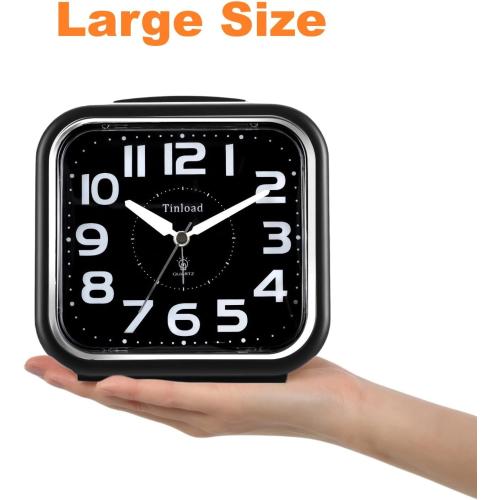 5.5 Large Analog Alarm Clock Silent Non Ticking, Gentle Wake, Beep Sounds, Increasing Volume, Battery Operated Snooze and Manual Light, Easy Set, Black (Best for Elder)
