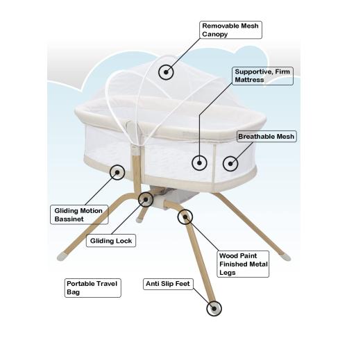 PRIMO Little Cloud Gliding Bassinet: Portable Folding Baby Bed with Removable Canopy, Travel Bag, and Mattress - Ideal Baby Bassinet, Lounger for Newborns, Bedside Sleeper, Perfect Travel Crib