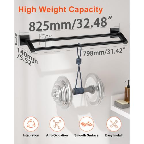 Alise Bath Double Towel Bars Towel Racks for Bathroom Lavatory,Wall Mount Towel Holder Heavy Duty SUS304 Stainless Steel Towel Hanger Towel Rail,Matte Black,32 Inch