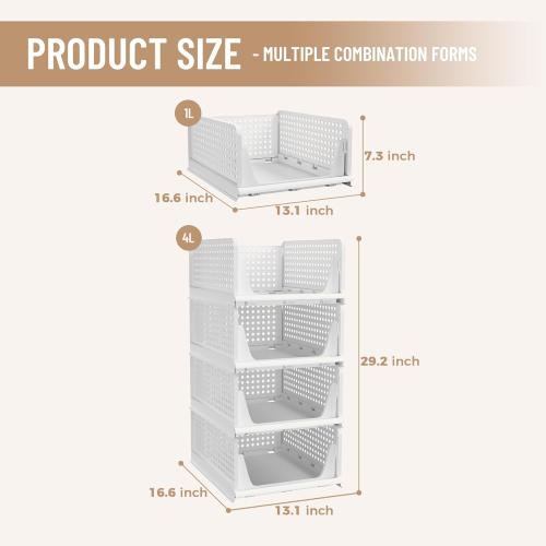Pinkpum Stackable Plastic Storage Basket, Foldable Closet Organizers, Drawer Shelf Storage Container/Bins for Wardrobe Kitchen Bathroom Office Dorm, White, 4 Packs