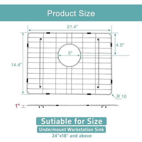 Stainless Kitchen Sink Protector - 22 x 15 with Rear Drain | S304 Sink Grids for Bottom of Kitchen Sink, Rear Drain for Single Bowl Workstation Sink with Corner Radius