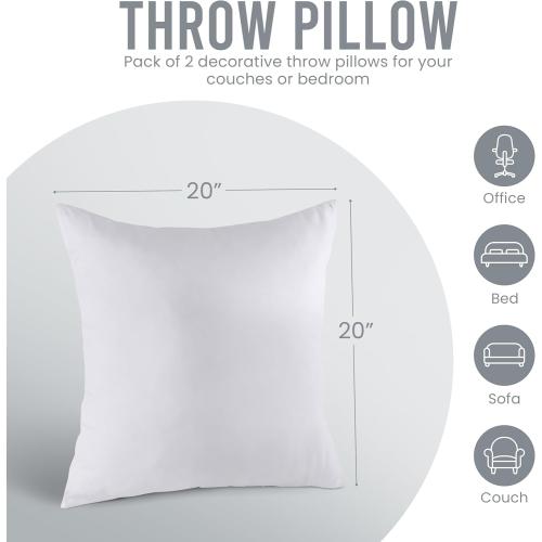 Utopia Bedding Throw Pillows Insert (Pack of 2, White) - 20 x 20 Inches Bed and Couch Pillows - Indoor Decorative Pillow