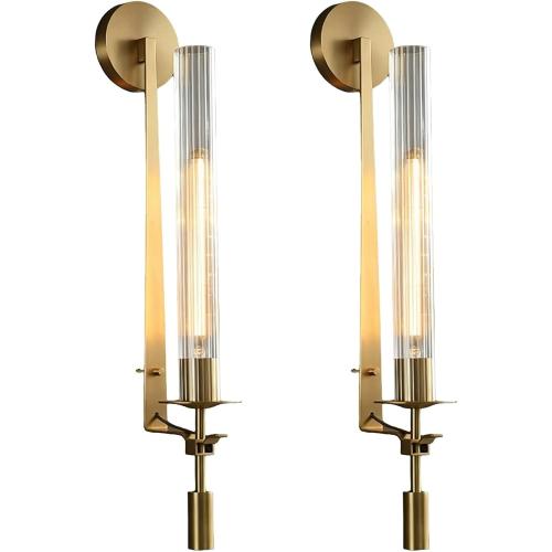 LIGHTLAND Gold Wall Sconces Set of 2, 28 Inch Modern Metal Glass Wall Light Fixture, Wall Lamp for Living Room Bedroom Hallway