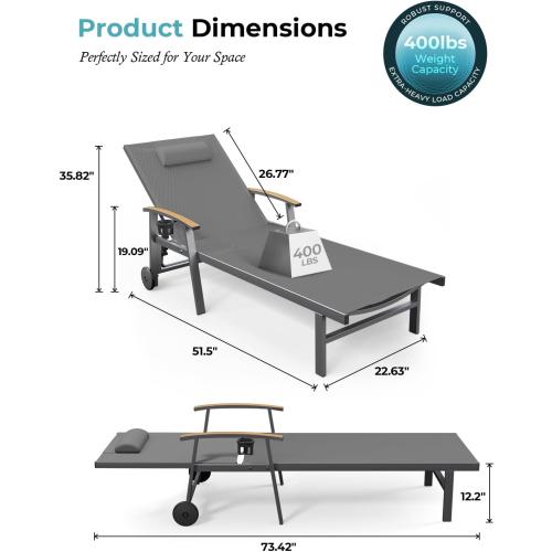 Ciokea Outdoor Lounge Chair with Pillow, 5-Position Aluminum Chaise Lounge with Wheels & Armrests, 400 lbs Heavy Duty Patio Pool Chair for Deck, Backyard, Beach & Poolside, Grey