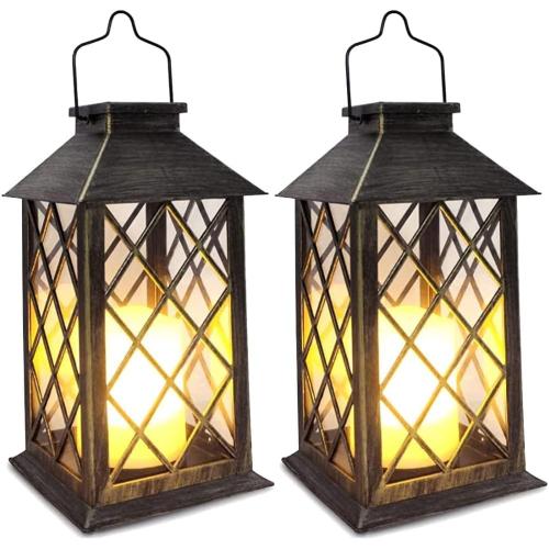 SHYMERY Solar Lantern,Outdoor Garden Hanging Lanterns,2 Pack 14 Inch Lasts 3X Longer 10 lumens Waterproof LED Flickering Flameless Candle Mission Lights for Table,Outdoor,Party Decorative