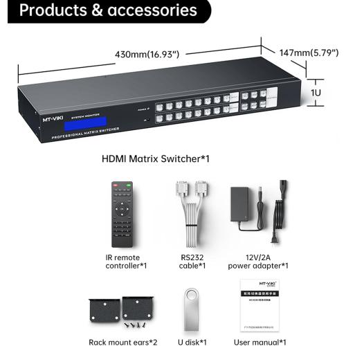 MT-VIKI 4K HDMI Matrix Switch 8X8 w/Web GUI & Audio Extraction w/Remote, 4K@30Hz, Rack Mount Switcher & Splitter, EDID, RS232, LAN Port, APP, Fit 1U 19'' Rack for Conference Room, Church, Bar