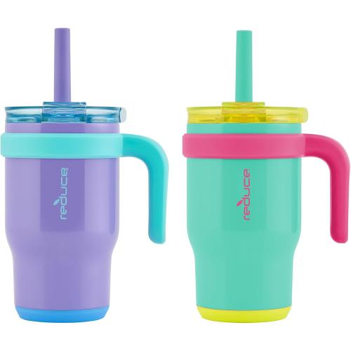 REDUCE 14 oz Coldee Tumbler with Handle for Kids - 2 Pack, Leakproof Insulated Stainless Steel Mug with Lid & Spill-Proof Straw, Keeps Drinks Cold up to 18 Hrs, Purple and Teal