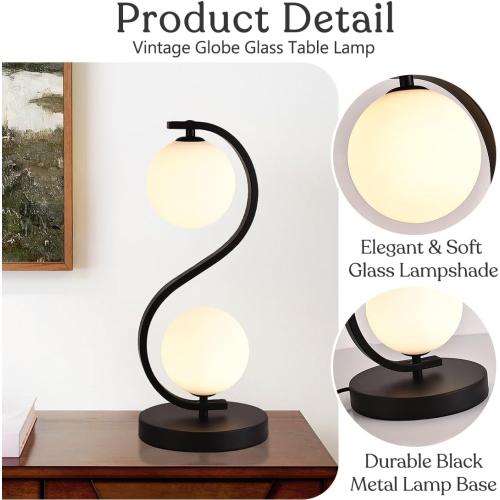 Modern Black S-Shaped Table Lamp 2-Lights Globe Glass Desk Lamp Plug in Metal 3 Color Temperatures Bedside Light Fixtures for Bedroom Living Room Office Study Corner