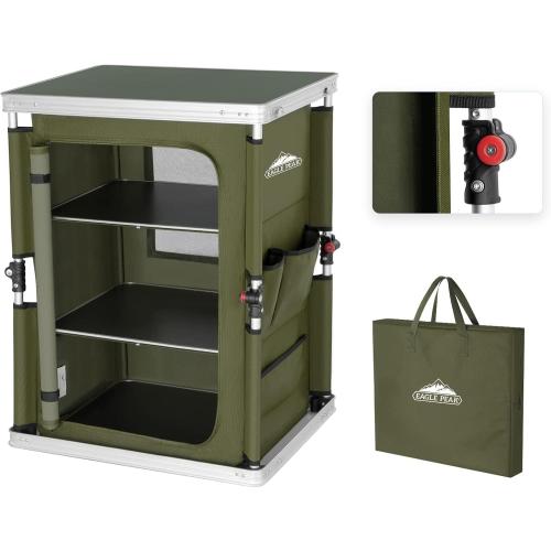 EAGLE PEAK Outdoor Folding Camping Table with Large 3-Tier Storage Organizer and Side Pockets, Easy Set Up Portable Aluminum Camping Kitchen, Green