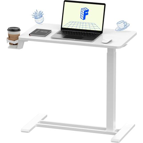 FLEXISPOT H7 Adjustable Overbed Bedside Table with Wheels Pneumatic Mobile Standing Desk Laptop Desk Rolling Computer Cart Movable Overbed Table Hospital Home Use(27.6 W x 15.7 D, White)