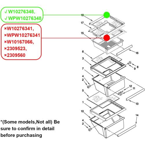 WPW10276348 Refrigerator Glass Shelf Compatible With Whirlpool, Kenmore maytag, Amana, Crosley and more, Part Number: W10276348, AP6018411, PS11751713, 1557829, 2309524