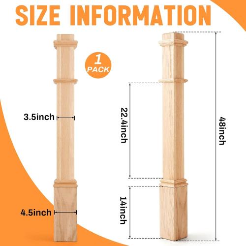 Solid Wood Box Newel 48 Inch Poplar Staircase Newel Posts Wood Stabilizer Plain Style with Pedestal Stair Railing Post Interior Wood Balusters for Stair Remodeling