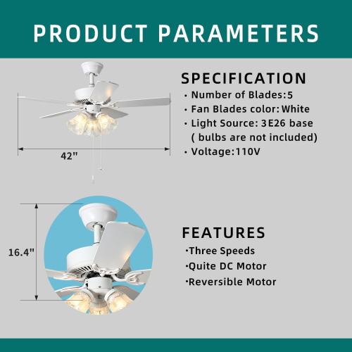 42 Inch Indoor Ceiling Fan with Pull-chain and Three LED Light Bulbs Base, Traditional 3-Speeds Reversible Blades Ceiling Fan (White)