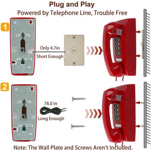 Retro Wall Phone Landline Ringer On/Off, Updated 2544 Wall Telephone,Vintage Wall Mounted Telephone Metal Base, Old Wall Phones for Landline, Backup Wall Phone for Home, Kitchen,Red